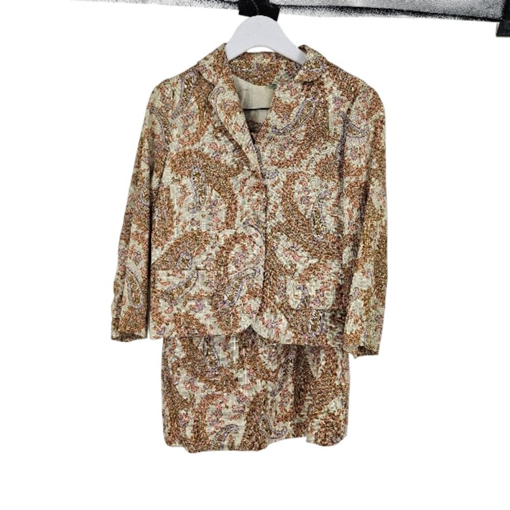 Vitange 70s Skirt Set Brown Button Down Long Sleeve Paisley Mod Secretary Sz 10 - Picture 1 of 12